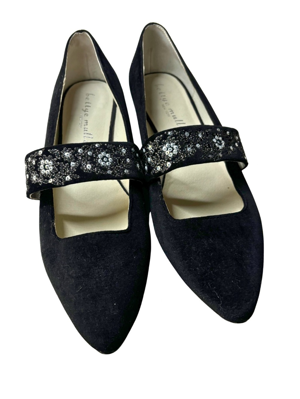 Bettye Muller Black Velvet Embellished Mary Jane Flats 10M